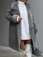 Cappotto Lungo da Donna Effetto Montone Shearling con Revers e Doppiopetto | Soprabito Invernale al Ginocchio con Fodera Calda e Tasche con Zip
