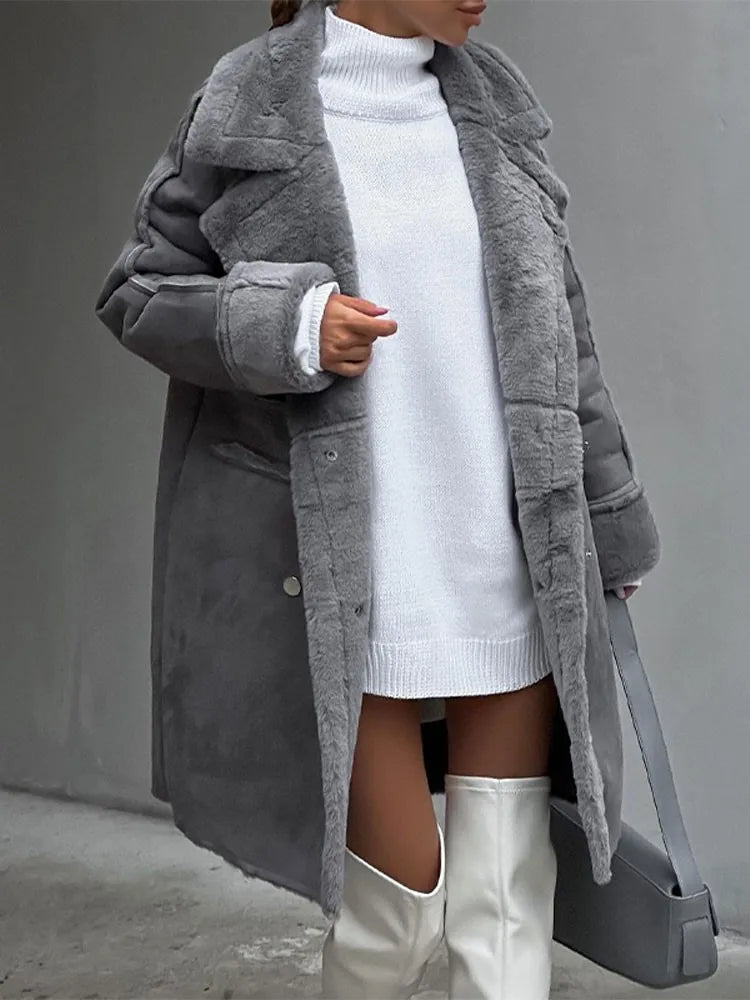 Cappotto Lungo da Donna Effetto Montone Shearling con Revers e Doppiopetto | Soprabito Invernale al Ginocchio con Fodera Calda e Tasche con Zip