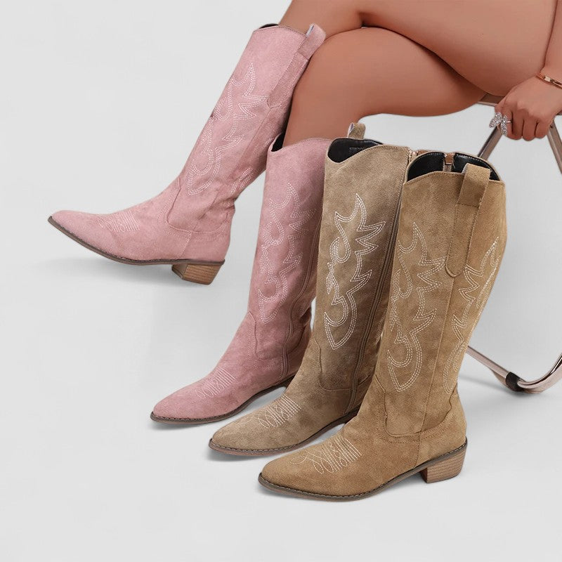 Stivaletti Ortopedici da Donna Stile Western Foderati in Calda Pelliccia | Tronchetti Invernali Scamosciati con Zip Laterale e Ricami Texani