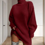 Abito Corto da Donna in Maglia a Coste con Collo Alto | Vestito Invernale Morbido a Tunica Maniche a Pipistrello