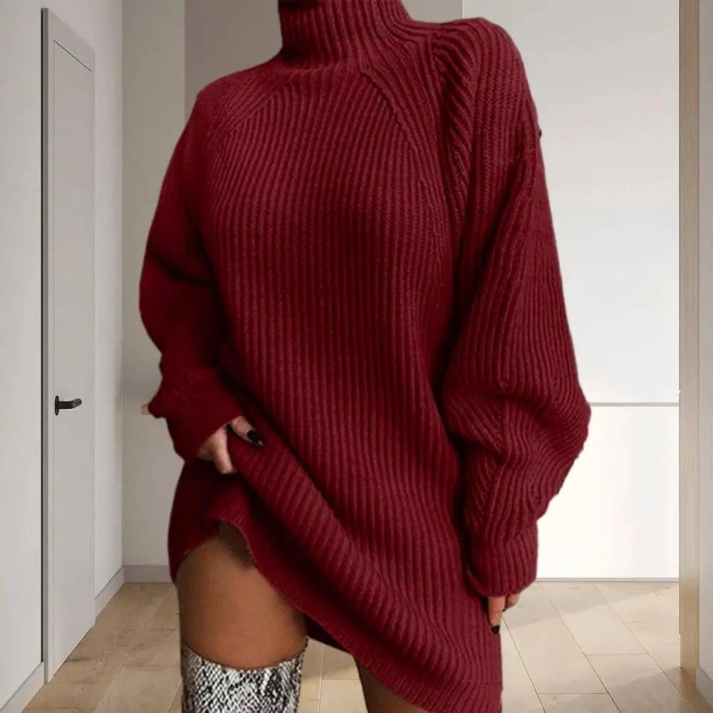 Abito Corto da Donna in Maglia a Coste con Collo Alto | Vestito Invernale Morbido a Tunica Maniche a Pipistrello