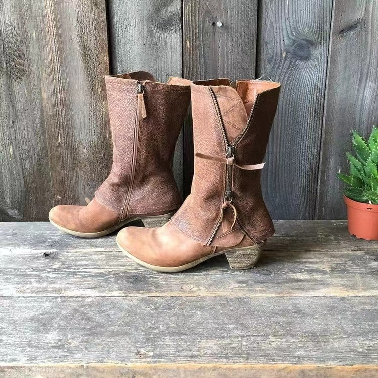 Stivali da Donna a Mezza Gamba in Pelle Impermeabile con Tacco Cubano Basso | Stivali Vintage con Doppia Zip Laterale, Risvolto alla Caviglia e Fodera Morbida