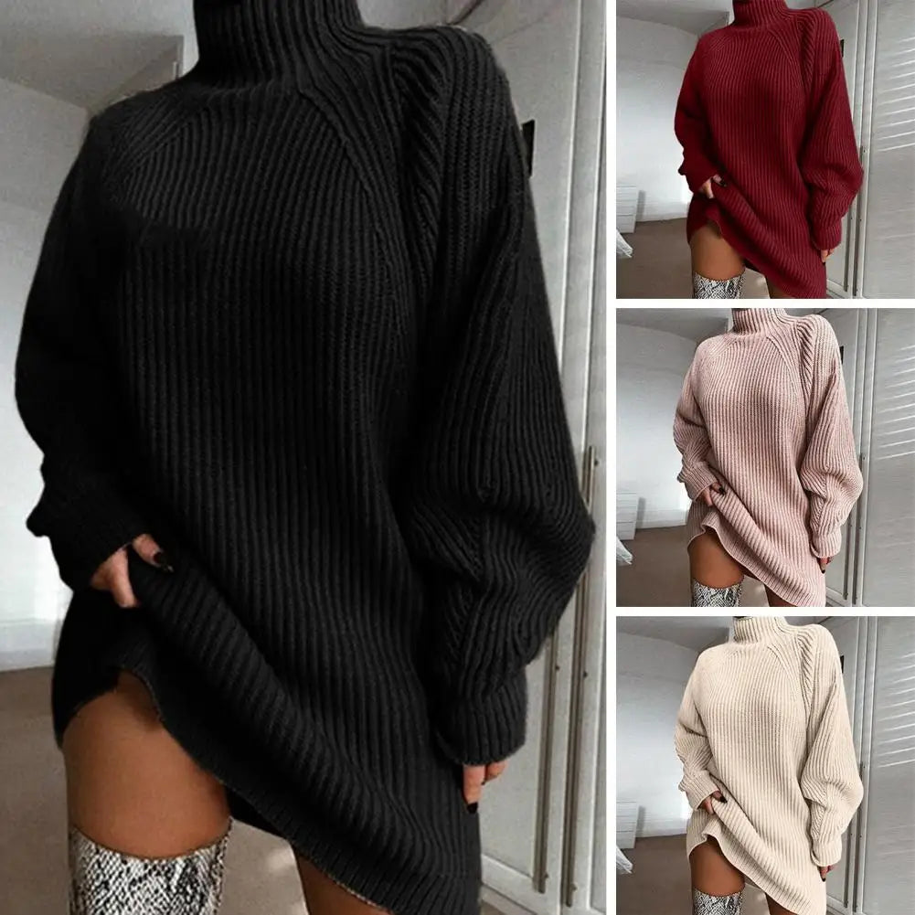 Abito Corto da Donna in Maglia a Coste con Collo Alto | Vestito Invernale Morbido a Tunica Maniche a Pipistrello