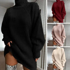 Abito Corto da Donna in Maglia a Coste con Collo Alto | Vestito Invernale Morbido a Tunica Maniche a Pipistrello