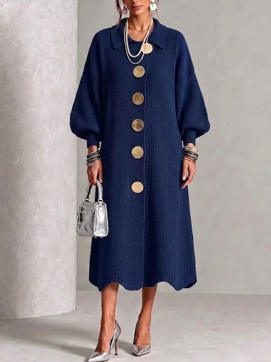 Abito Lungo da Donna in Maglia a Costine con Bottoni Dorati | Vestito Chemisier Invernale Caldo con Colletto a Camicia
