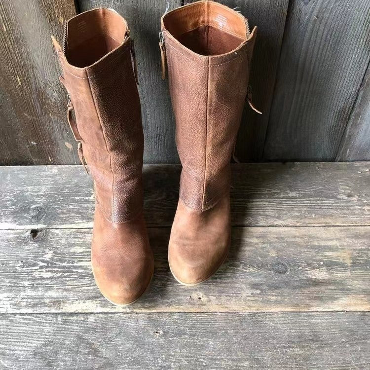 Stivali da Donna a Mezza Gamba in Pelle Impermeabile con Tacco Cubano Basso | Stivali Vintage con Doppia Zip Laterale, Risvolto alla Caviglia e Fodera Morbida