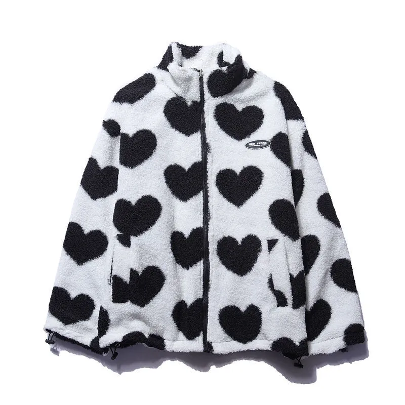 Giacca Invernale Reversibile da Donna Imbottita con Interno in Pile Teddy a Cuori | Piumino Corto Caldo con Collo Alto, Zip Frontale e Tasche Laterali