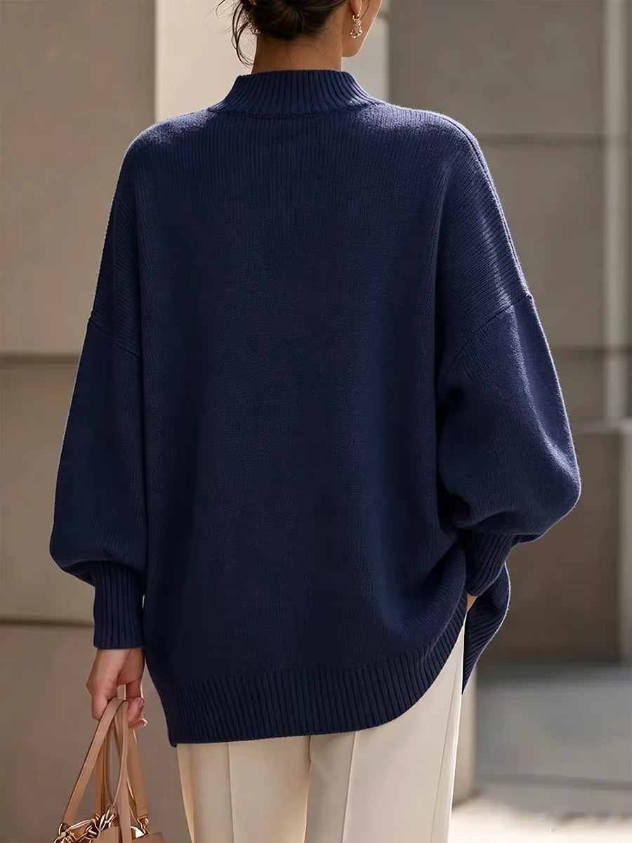 Maglione da Donna a Collo Alto con Bottoni Dorati e Spacco Asimmetrico | Maglia Invernale a Pipistrello Morbida a Coste