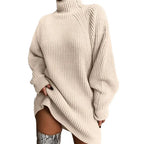Abito Corto da Donna in Maglia a Coste con Collo Alto | Vestito Invernale Morbido a Tunica Maniche a Pipistrello
