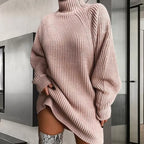 Abito Corto da Donna in Maglia a Coste con Collo Alto | Vestito Invernale Morbido a Tunica Maniche a Pipistrello