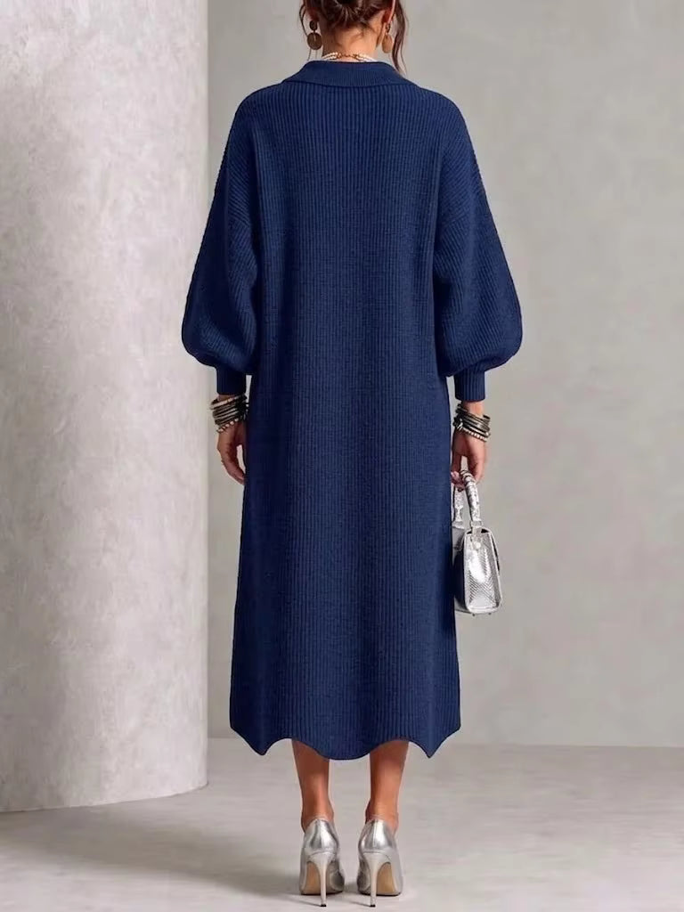 Abito Lungo da Donna in Maglia a Costine con Bottoni Dorati | Vestito Chemisier Invernale Caldo con Colletto a Camicia
