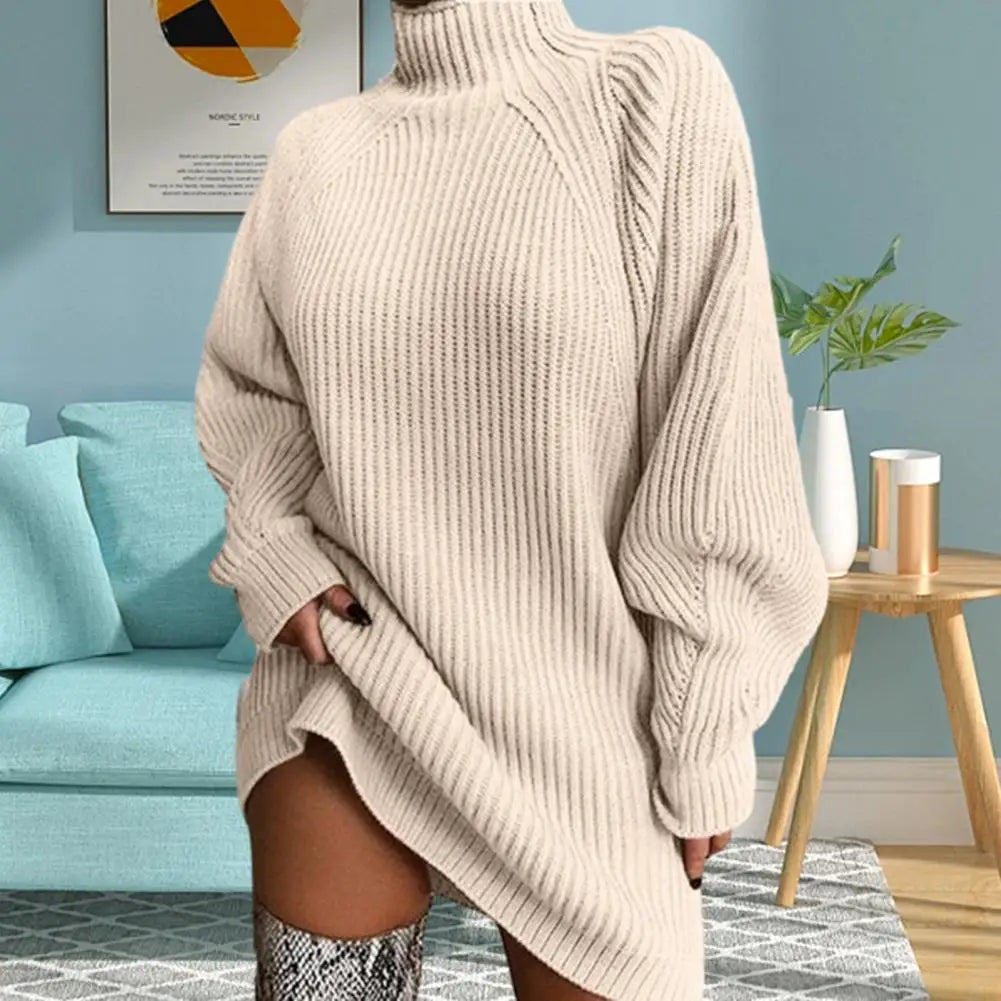 Abito Corto da Donna in Maglia a Coste con Collo Alto | Vestito Invernale Morbido a Tunica Maniche a Pipistrello