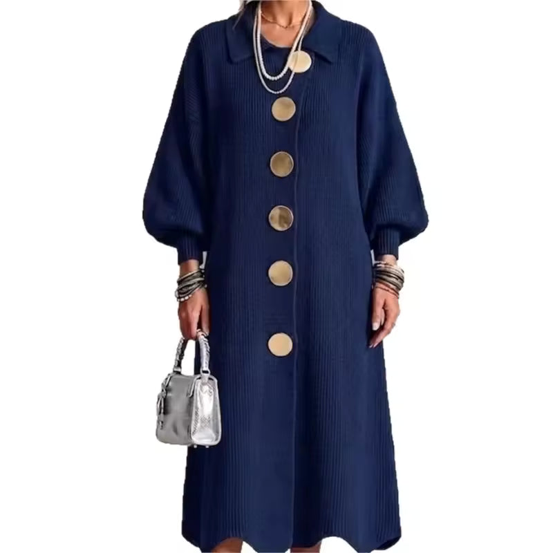 Abito Lungo da Donna in Maglia a Costine con Bottoni Dorati | Vestito Chemisier Invernale Caldo con Colletto a Camicia