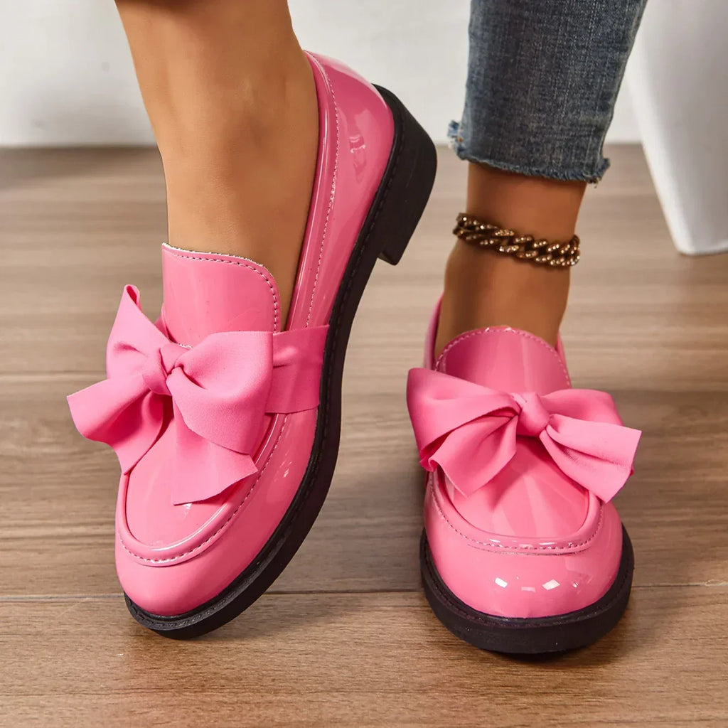 Mocassini da Donna Lucidi in Similpelle Verniciata con Fiocco | Scarpe Basse Eleganti da Lavoro