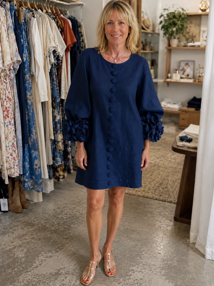 Abito Corto Floreale con Bottoni da Donna – Vestito Estivo a Trapezio con Maniche a Sbuffo a 3/4