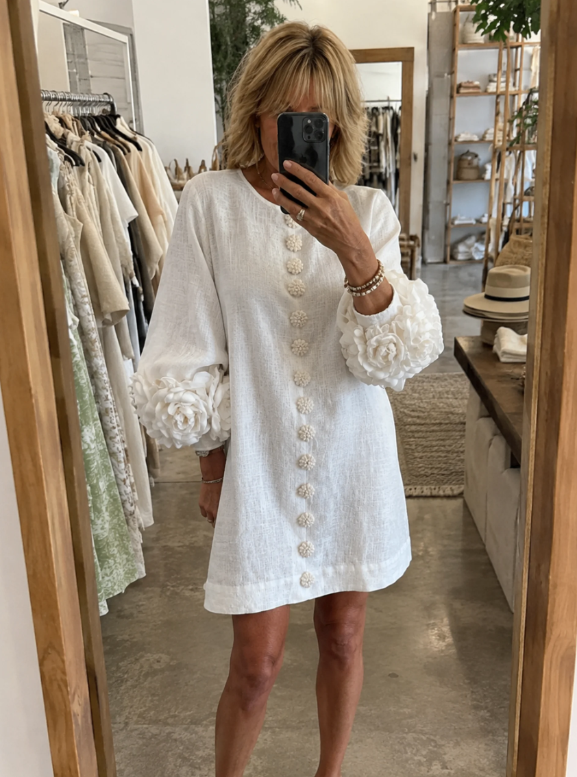 Abito Corto Floreale con Bottoni da Donna – Vestito Estivo a Trapezio con Maniche a Sbuffo a 3/4