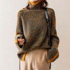 Maglione da Donna a Collo Alto con Righe Laterali a Contrasto | Pullover Invernale Caldo in Maglia Morbida con Spacchi Laterali