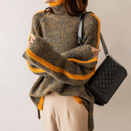 Maglione da Donna a Collo Alto con Righe Laterali a Contrasto | Pullover Invernale Caldo in Maglia Morbida con Spacchi Laterali