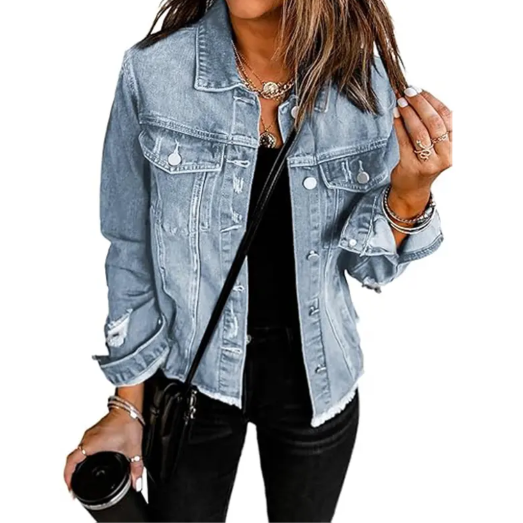 Giacca di Jeans da Donna con Strappi ed Effetto Consumato | Giubbotto Denim Vintage con Orlo Sfilacciato e Tasche sul Petto