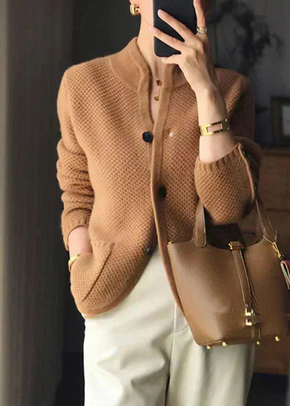 Cardigan da Donna in Maglia Morbida con Collo Rialzato e Bottoni | Giacca Aperta Invernale Calda con Tasche e Dettagli Polsini