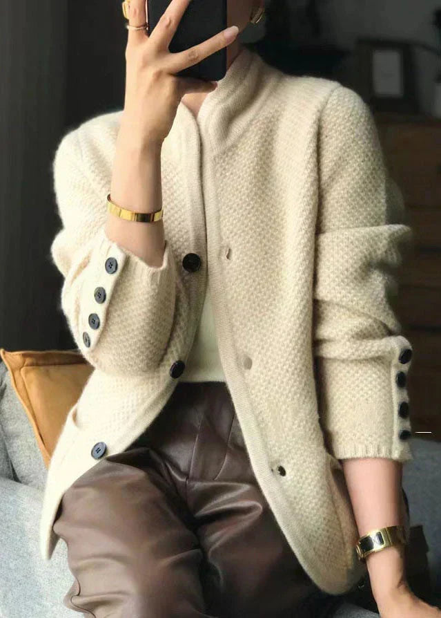 Cardigan da Donna in Maglia Morbida con Collo Rialzato e Bottoni | Giacca Aperta Invernale Calda con Tasche e Dettagli Polsini