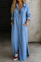 Abito Lungo da Donna in Denim con Bottoni e Tasche | Vestito Chemisier Maxi in Jeans con Colletto a Camicia e Spacchi Laterali