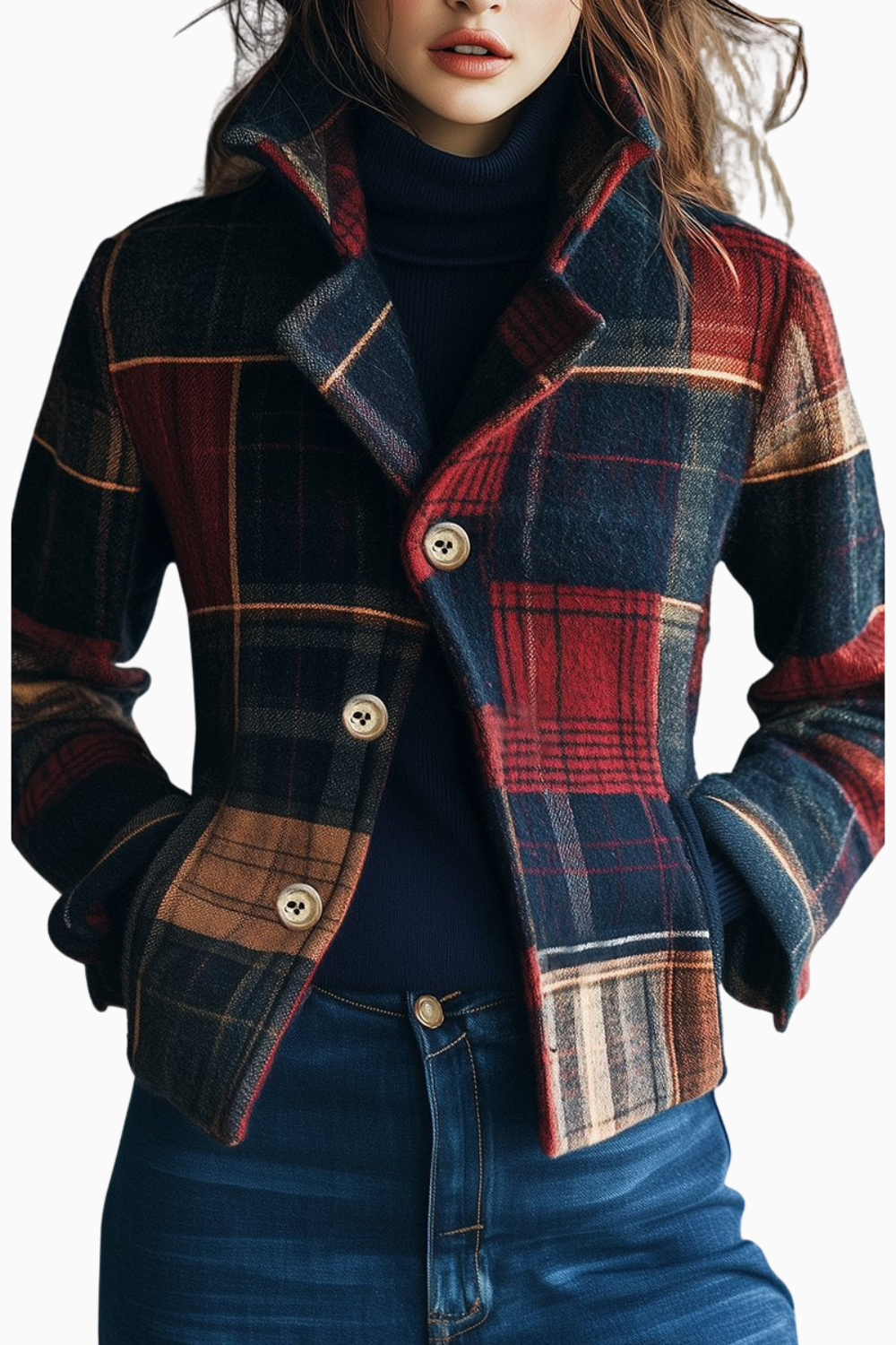Giacca Corta da Donna a Quadri Tartan con Colletto a Revers e Bottoni | Giacchino Invernale Caldo in Tessuto Pettinato con Tasche