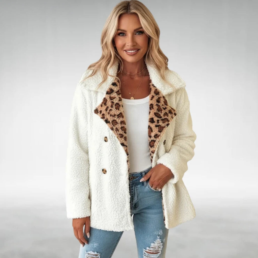 Cappotto Teddy Corto da Donna in Soffice Pelliccia Sintetica con Revers Leopardati | Giacca Cappotto Calda Doppiopetto a Bottoni