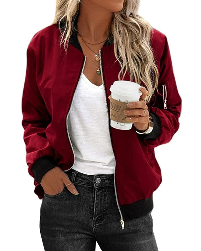 Giacca Bomber da Donna con Zip e Finiture a Costine | Giubbino Casual Leggero con Taschino sulla Manica e Tasche Laterali