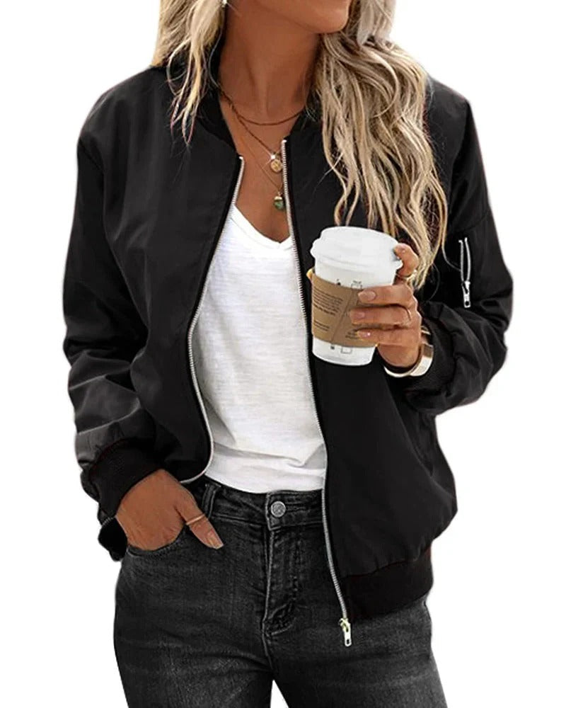 Giacca Bomber da Donna con Zip e Finiture a Costine | Giubbino Casual Leggero con Taschino sulla Manica e Tasche Laterali