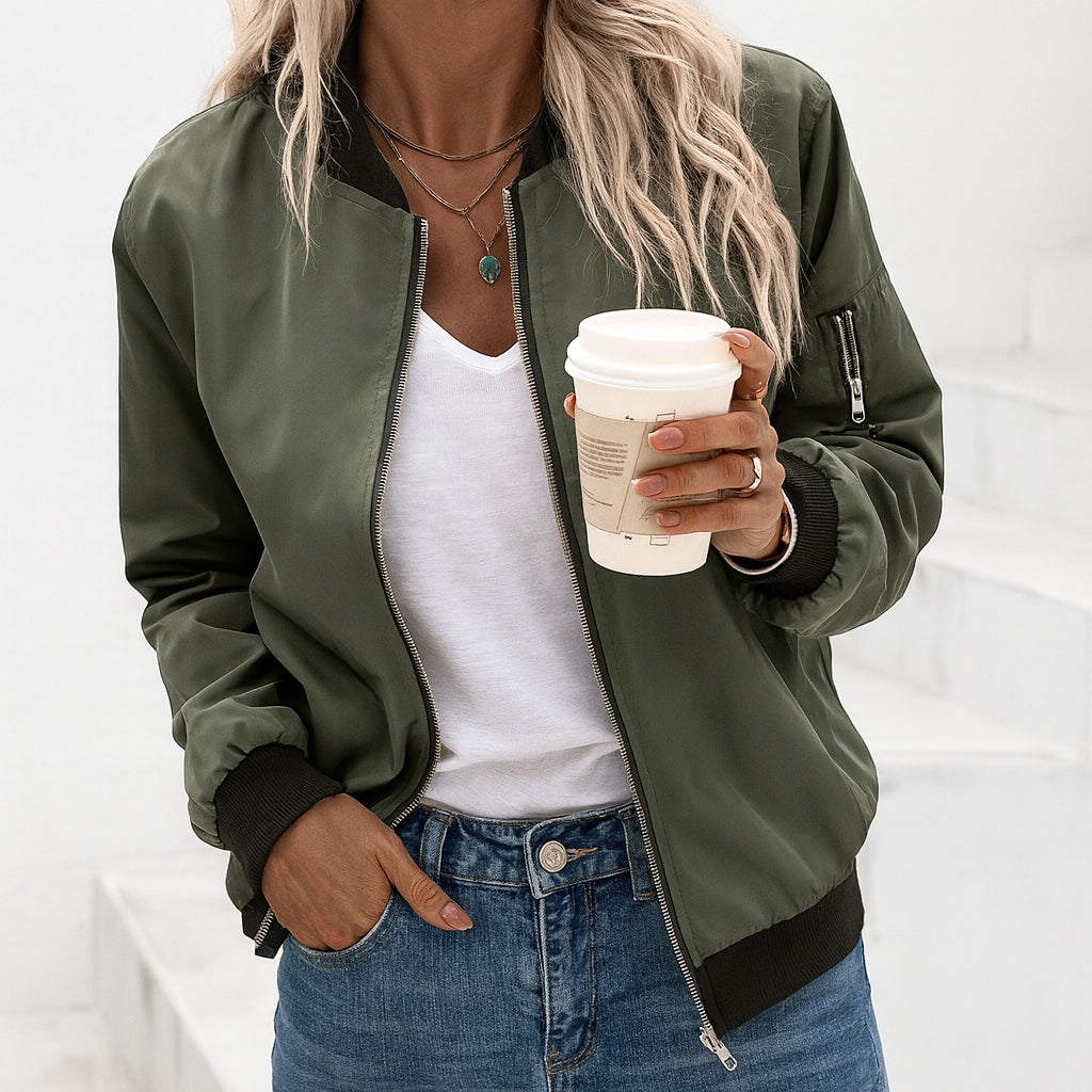 Giacca Bomber da Donna con Zip e Finiture a Costine | Giubbino Casual Leggero con Taschino sulla Manica e Tasche Laterali