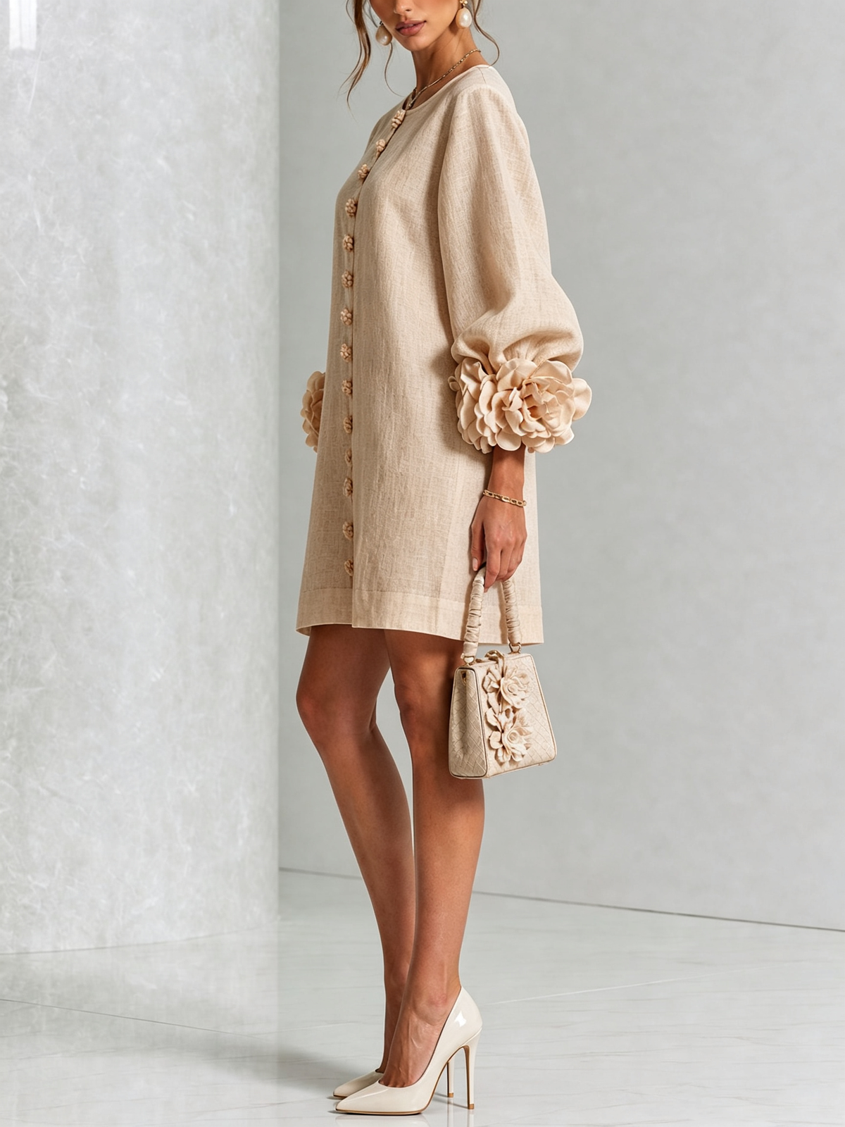 Abito Corto Floreale con Bottoni da Donna – Vestito Estivo a Trapezio con Maniche a Sbuffo a 3/4
