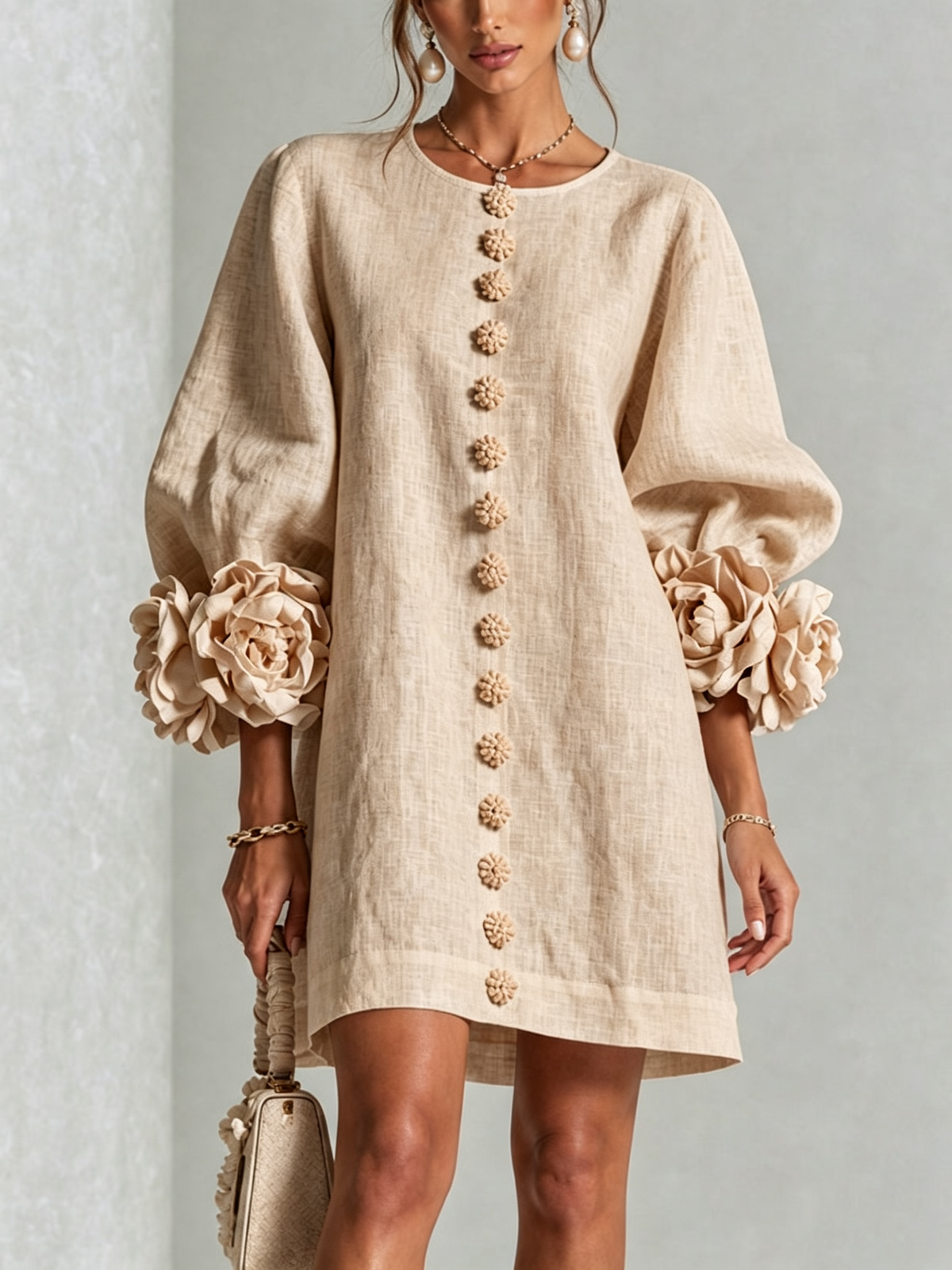 Abito Corto Floreale con Bottoni da Donna – Vestito Estivo a Trapezio con Maniche a Sbuffo a 3/4
