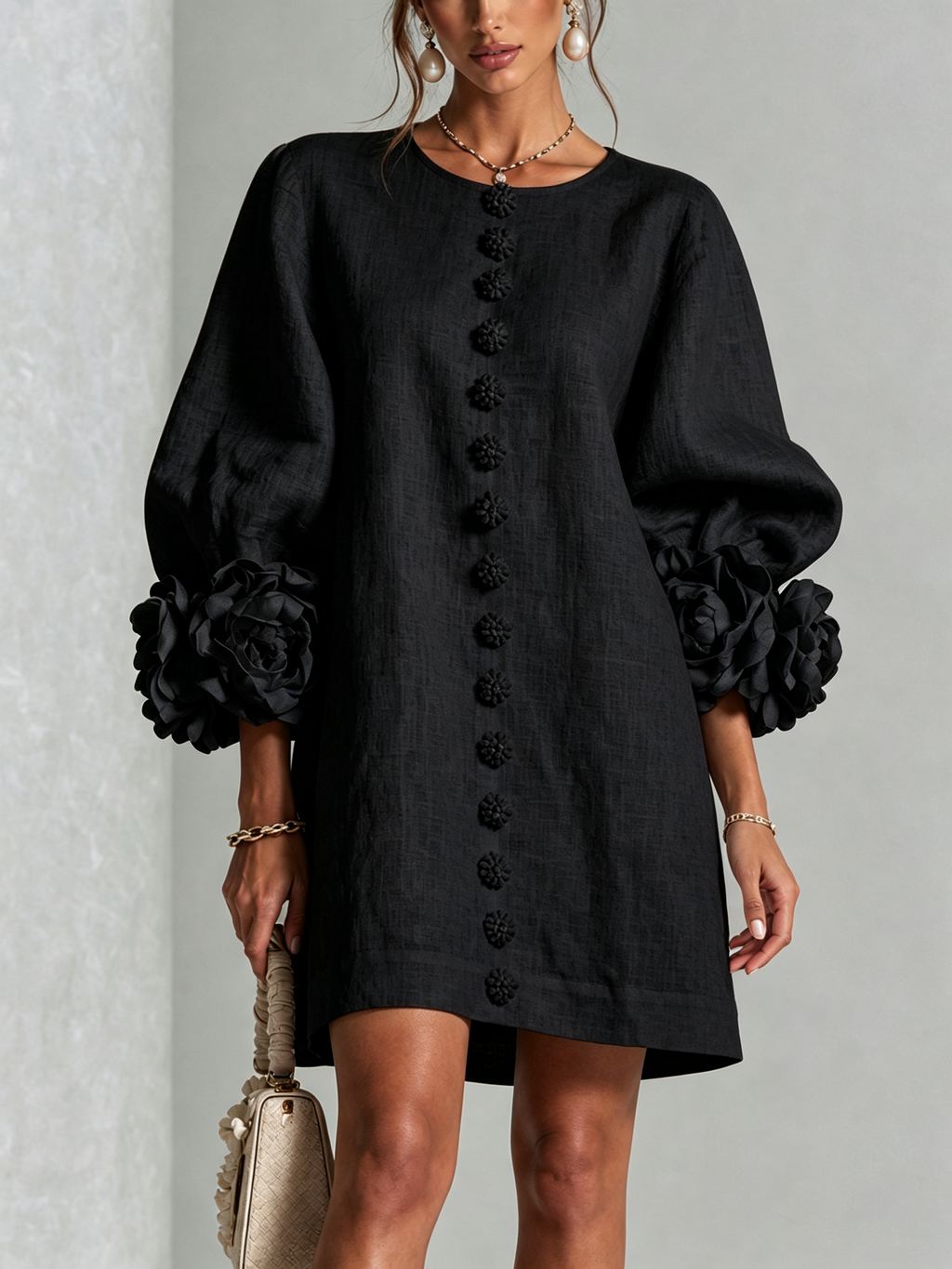Abito Corto Floreale con Bottoni da Donna – Vestito Estivo a Trapezio con Maniche a Sbuffo a 3/4