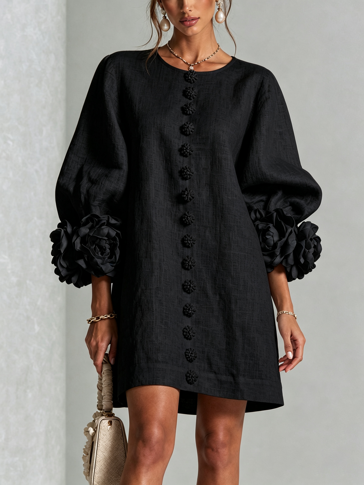 Abito Corto Floreale con Bottoni da Donna – Vestito Estivo a Trapezio con Maniche a Sbuffo a 3/4