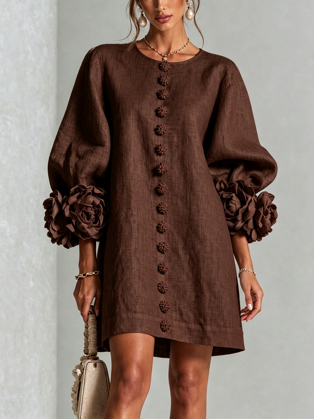 Abito Corto Floreale con Bottoni da Donna – Vestito Estivo a Trapezio con Maniche a Sbuffo a 3/4