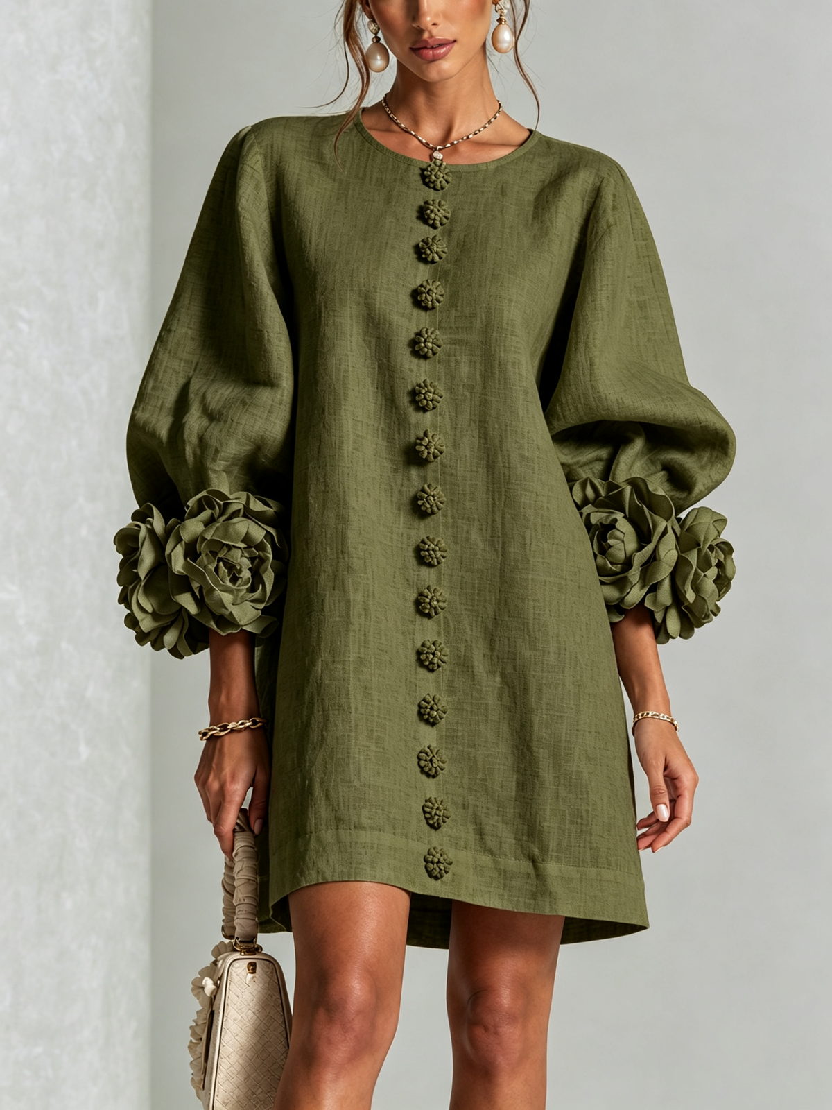 Abito Corto Floreale con Bottoni da Donna – Vestito Estivo a Trapezio con Maniche a Sbuffo a 3/4