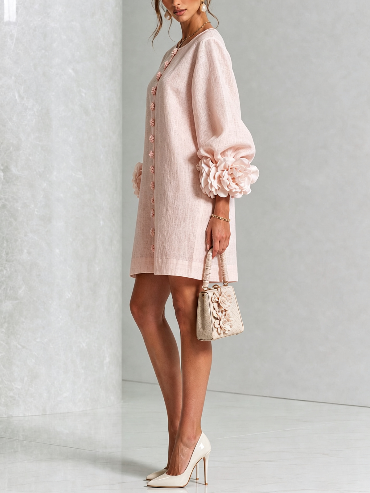 Abito Corto Floreale con Bottoni da Donna – Vestito Estivo a Trapezio con Maniche a Sbuffo a 3/4