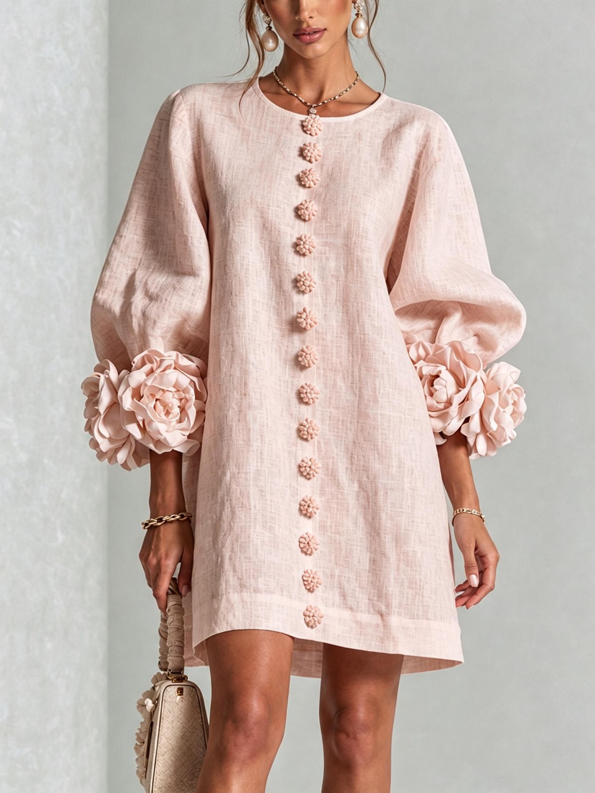 Abito Corto Floreale con Bottoni da Donna – Vestito Estivo a Trapezio con Maniche a Sbuffo a 3/4