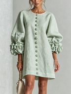 Abito Corto Floreale con Bottoni da Donna – Vestito Estivo a Trapezio con Maniche a Sbuffo a 3/4