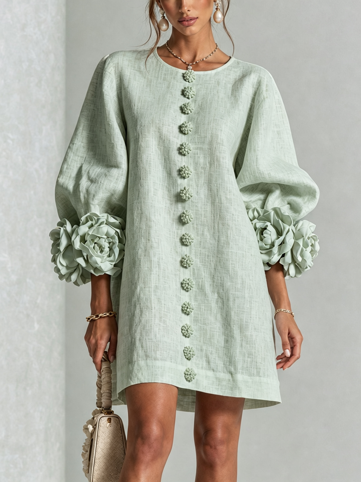 Abito Corto Floreale con Bottoni da Donna – Vestito Estivo a Trapezio con Maniche a Sbuffo a 3/4
