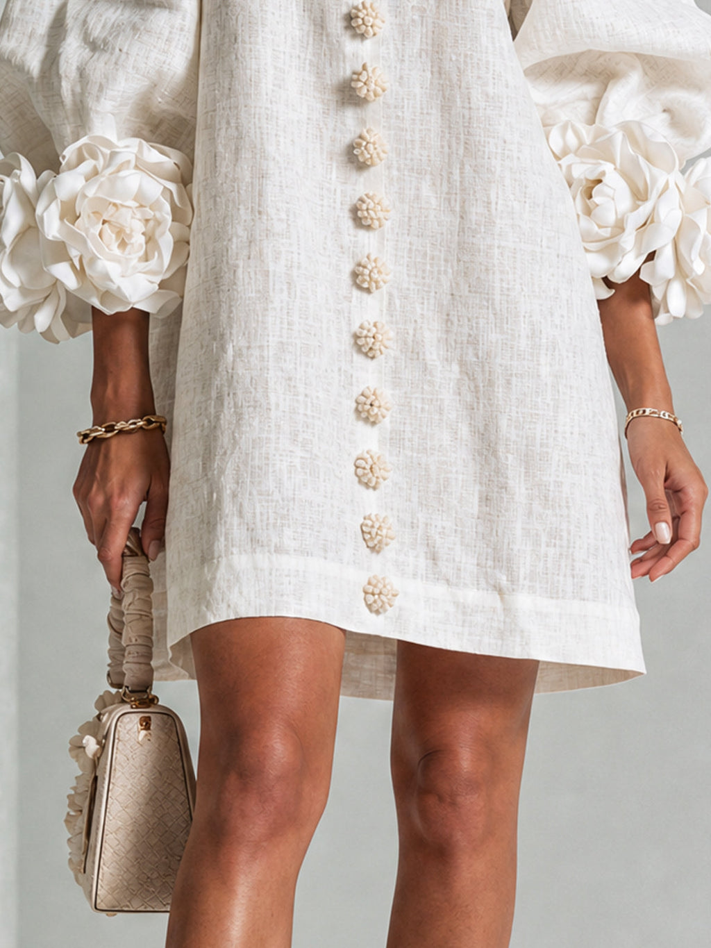 Abito Corto Floreale con Bottoni da Donna – Vestito Estivo a Trapezio con Maniche a Sbuffo a 3/4