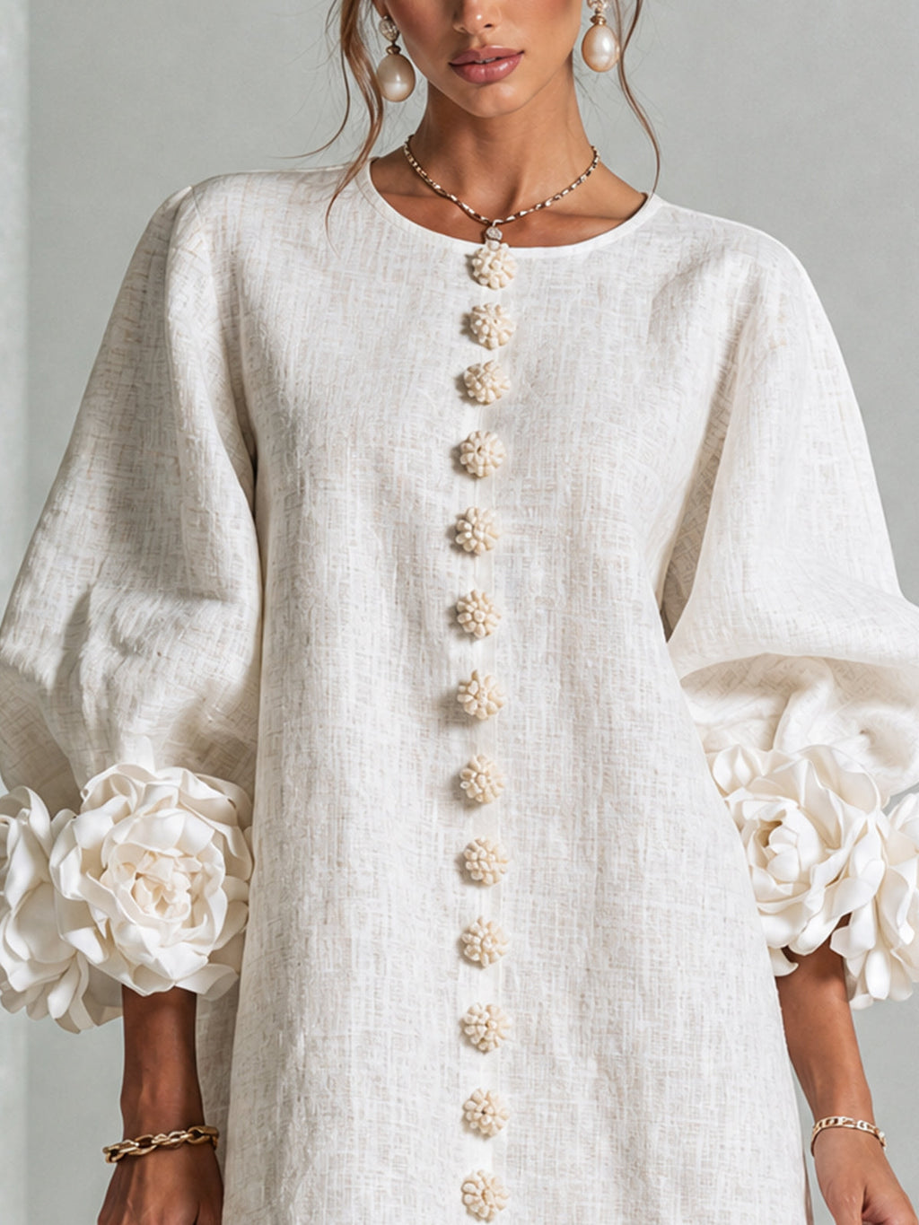 Abito Corto Floreale con Bottoni da Donna – Vestito Estivo a Trapezio con Maniche a Sbuffo a 3/4