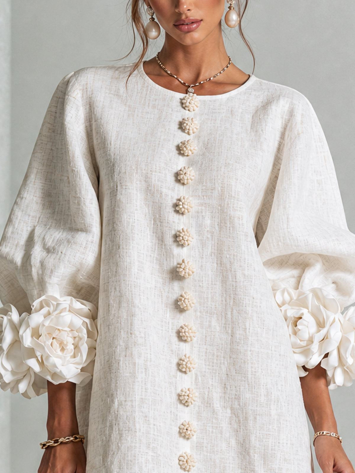 Abito Corto Floreale con Bottoni da Donna – Vestito Estivo a Trapezio con Maniche a Sbuffo a 3/4
