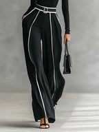 Completo Elegante da Donna 2 Pezzi con Maglia a Collo Alto e Pantaloni a Gamba Larga | Set Coordinato con Profili a Contrasto e Cintura
