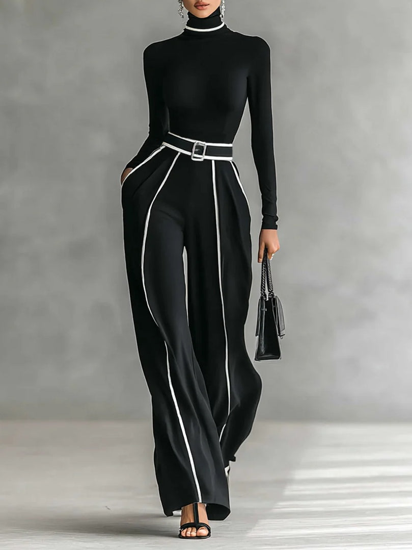 Completo Elegante da Donna 2 Pezzi con Maglia a Collo Alto e Pantaloni a Gamba Larga | Set Coordinato con Profili a Contrasto e Cintura