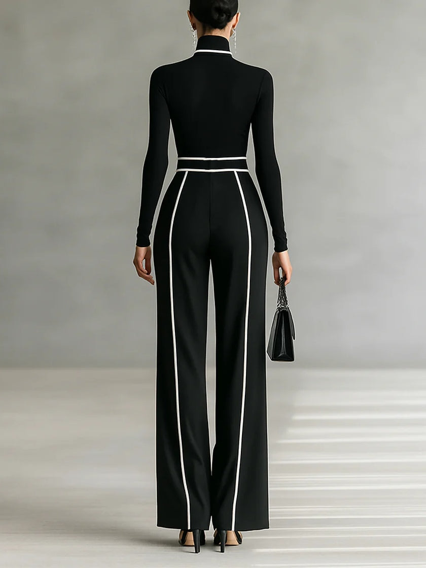 Completo Elegante da Donna 2 Pezzi con Maglia a Collo Alto e Pantaloni a Gamba Larga | Set Coordinato con Profili a Contrasto e Cintura