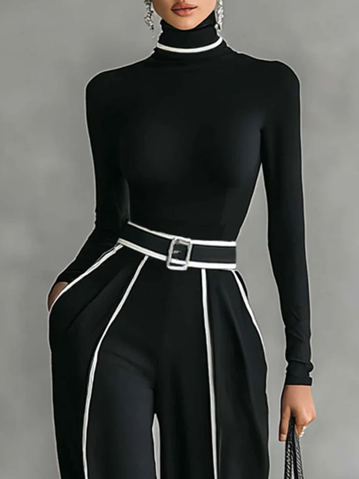 Completo Elegante da Donna 2 Pezzi con Maglia a Collo Alto e Pantaloni a Gamba Larga | Set Coordinato con Profili a Contrasto e Cintura