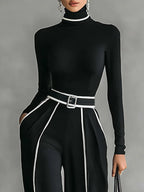 Completo Elegante da Donna 2 Pezzi con Maglia a Collo Alto e Pantaloni a Gamba Larga | Set Coordinato con Profili a Contrasto e Cintura