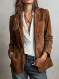 Blazer da Donna Effetto Scamosciato con Impunture a Contrasto | Giacca Sartoriale Monopetto a Due Bottoni con Revers e Tasche Applicate